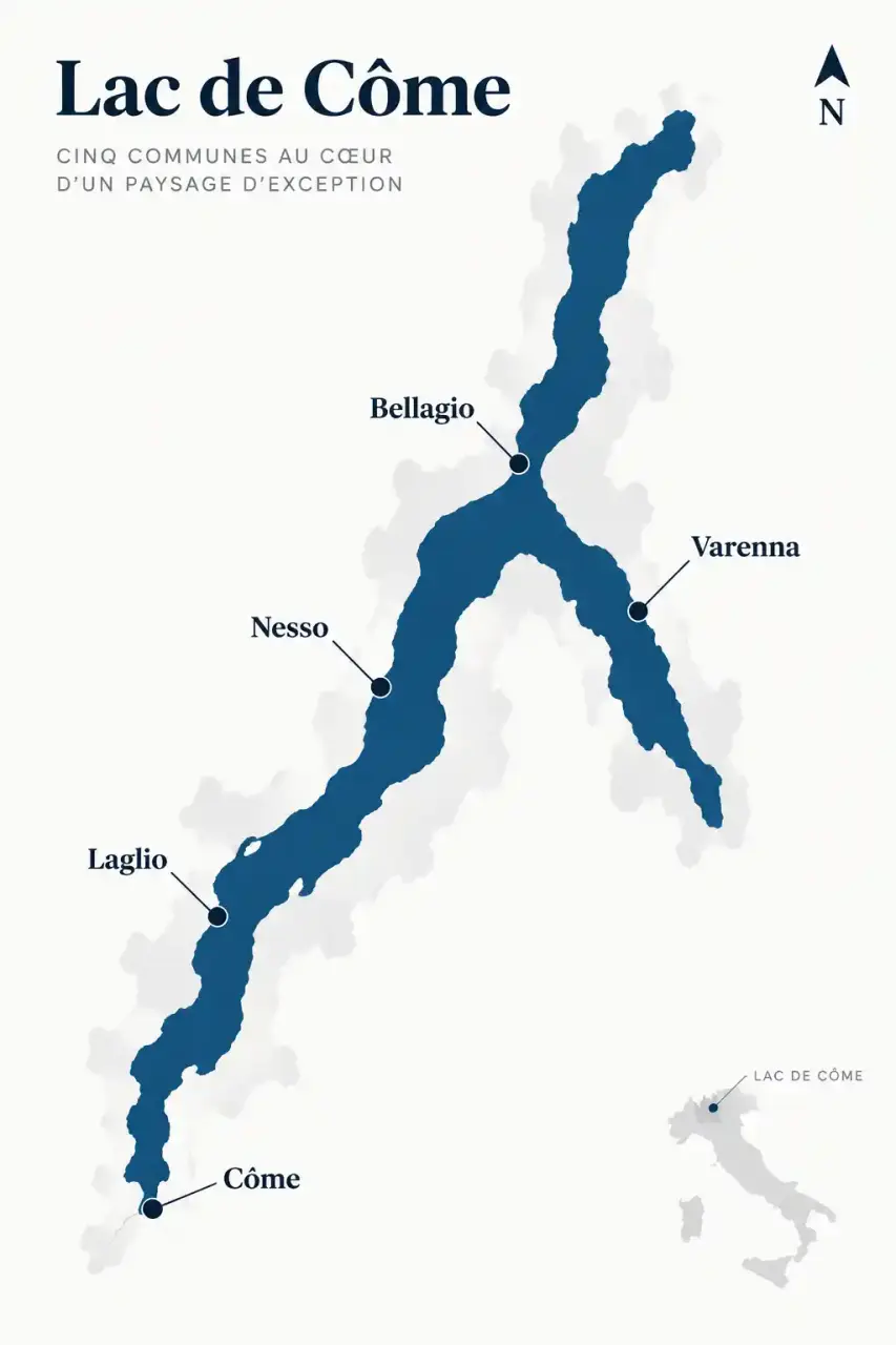 Carte des zones où séjourner pour une location de vacances au lac de Côme : Côme, Bellagio, Varenna, Nesso et Laglio