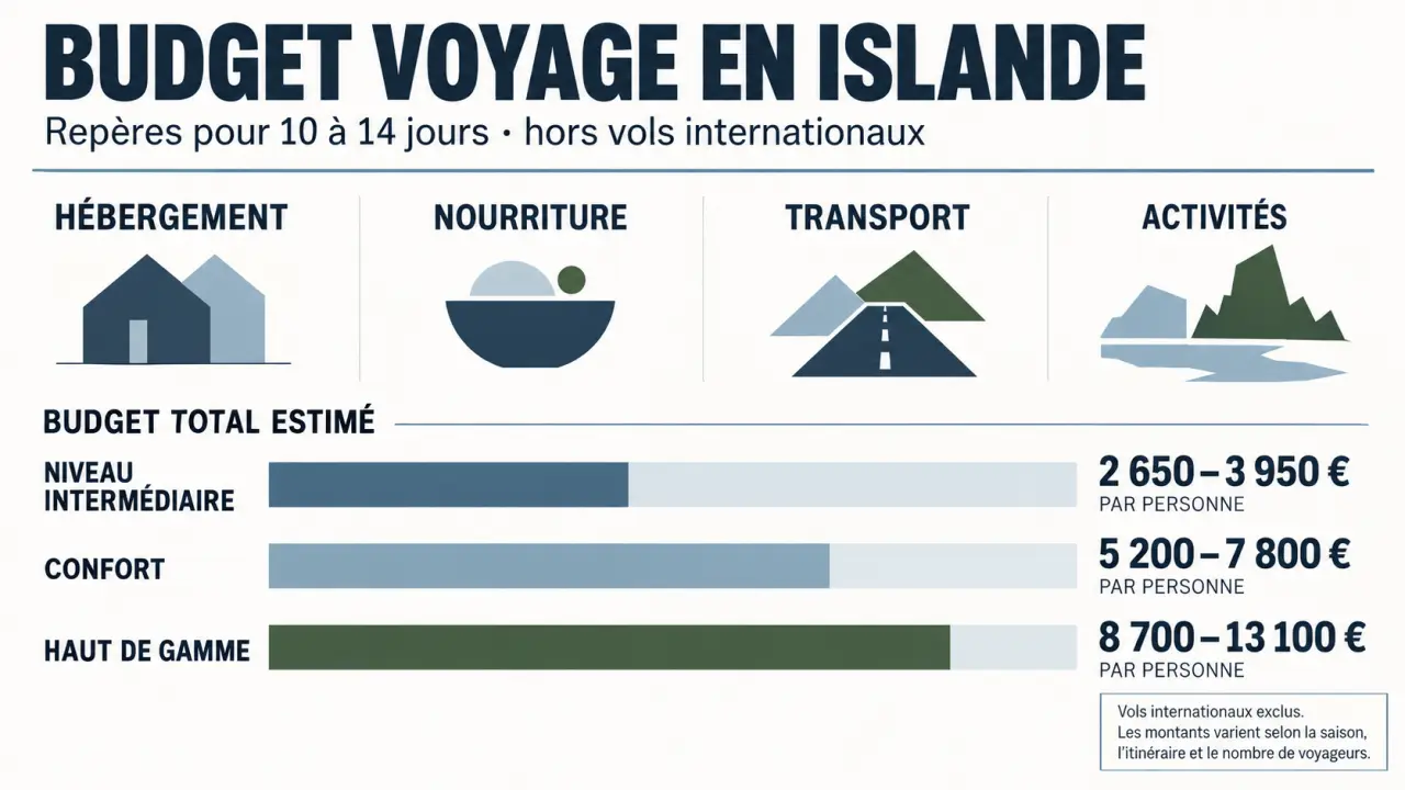 Infographie du budget de voyage en Islande par durée et niveau de confort