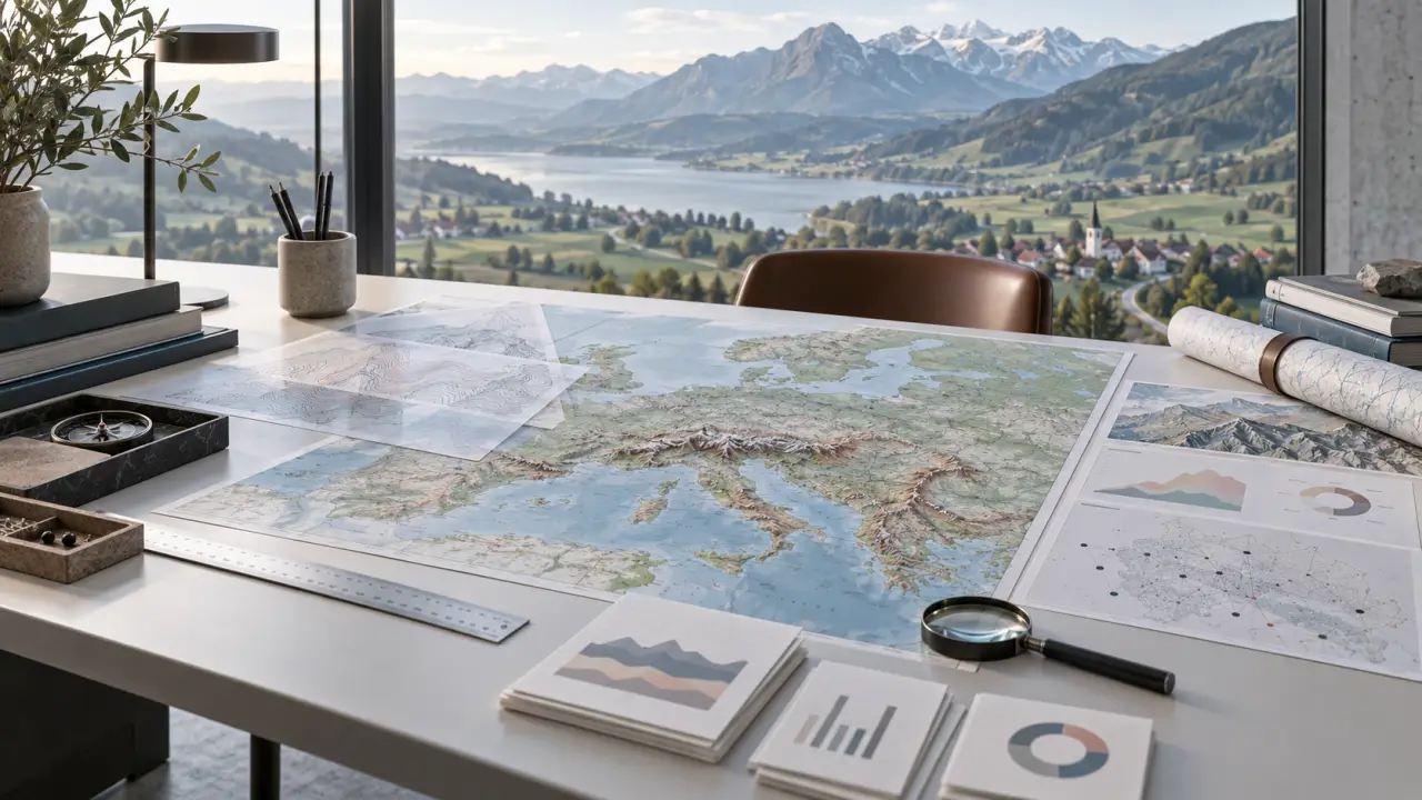 Carte abstraite et lignes topographiques représentant une région européenne
