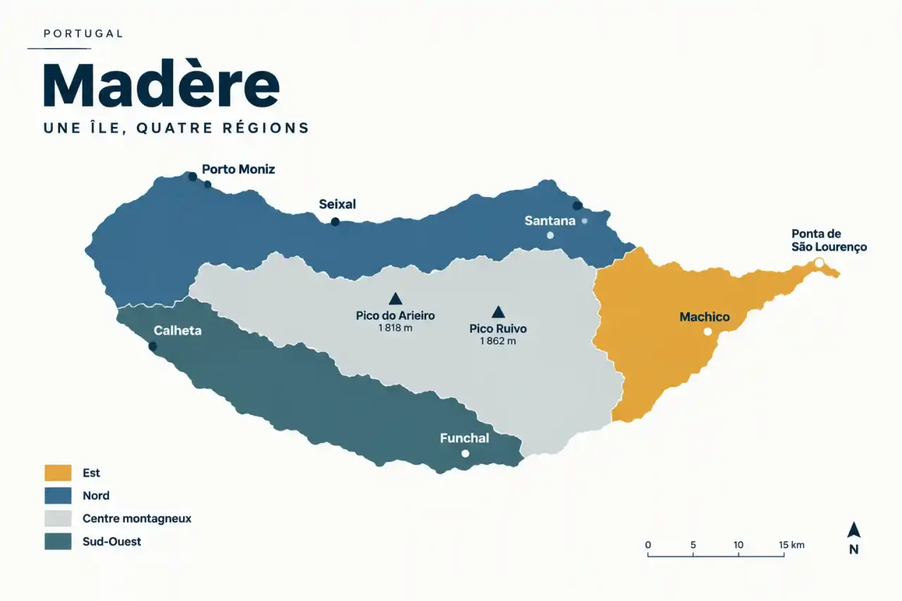 Carte des quatre zones d'un road trip à Madère : est, nord, centre montagneux et sud-ouest