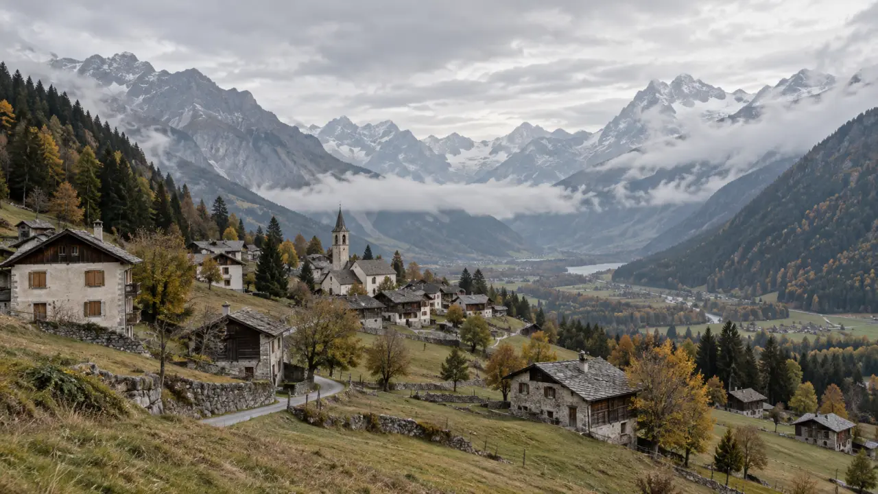 Paysage alpin montrant un village installé dans une vallée montagneuse