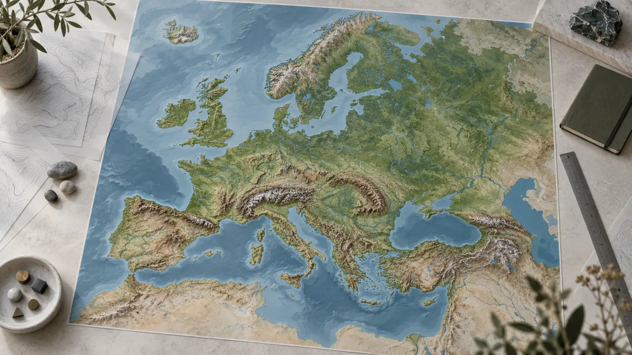Carte abstraite de régions européennes reliées par des lignes topographiques