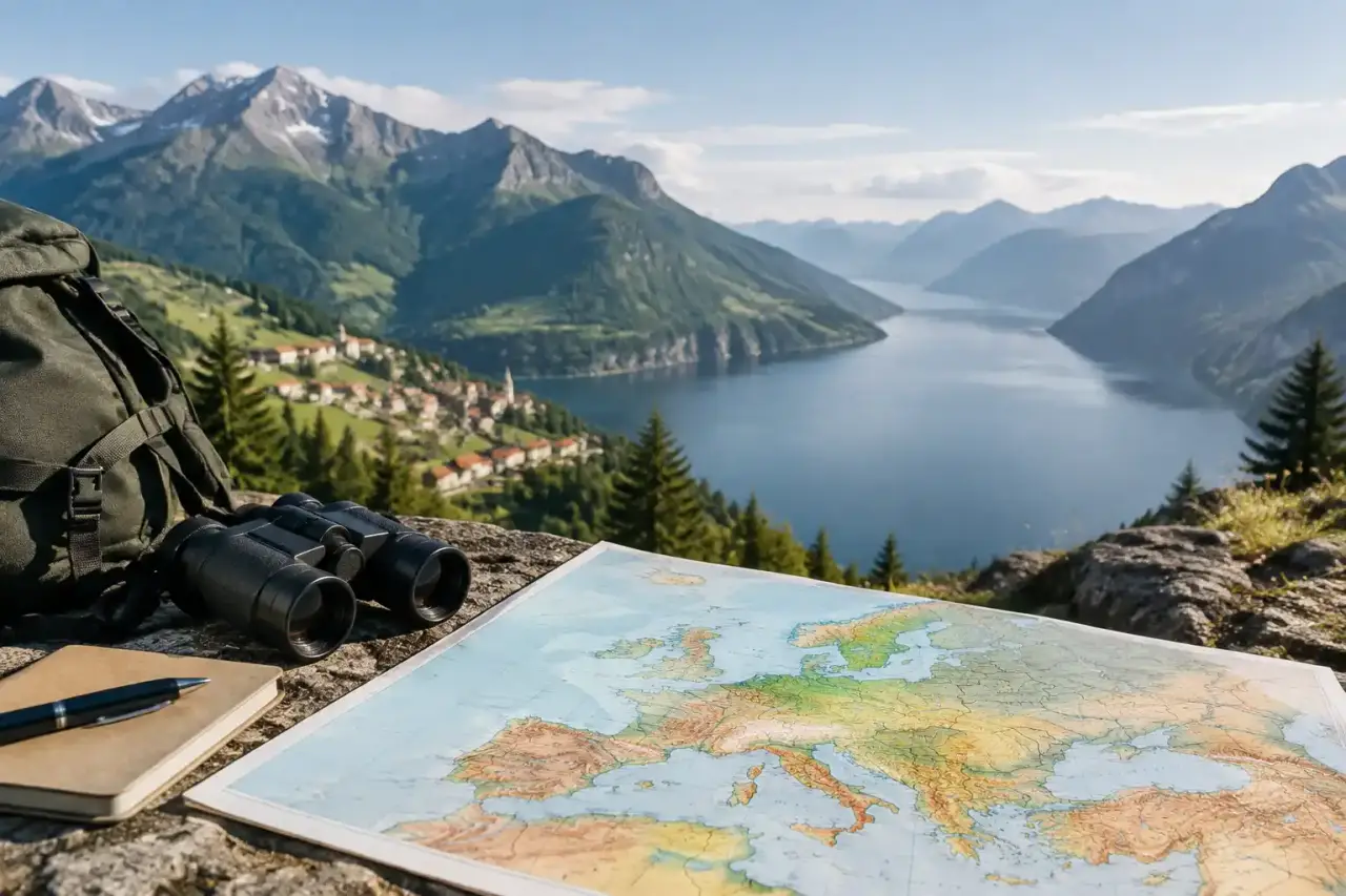 Carte abstraite représentant les limites et les reliefs d'une région européenne