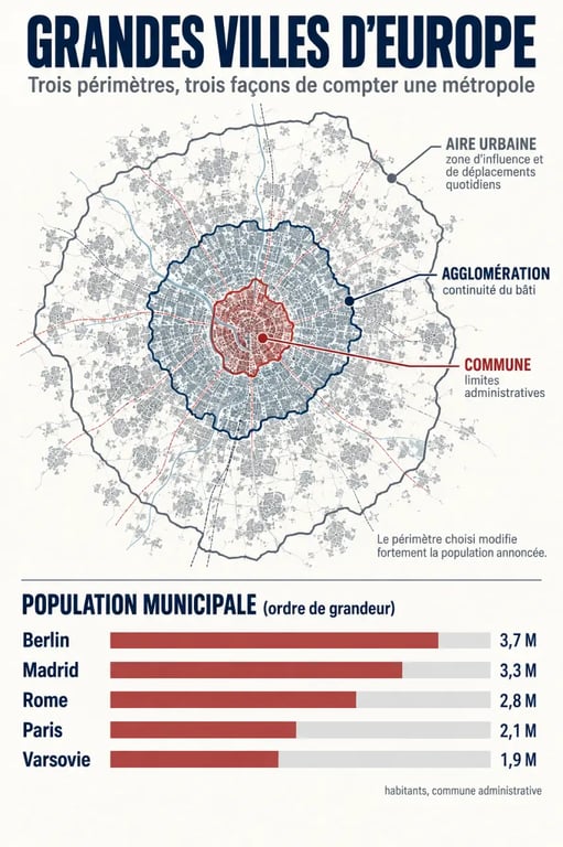 Infographie sur les grandes villes d’Europe et la différence entre commune, agglomération et aire urbaine