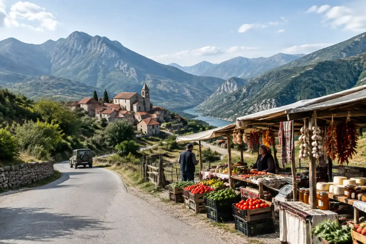 Route rurale traversant un paysage vallonné des Balkans
