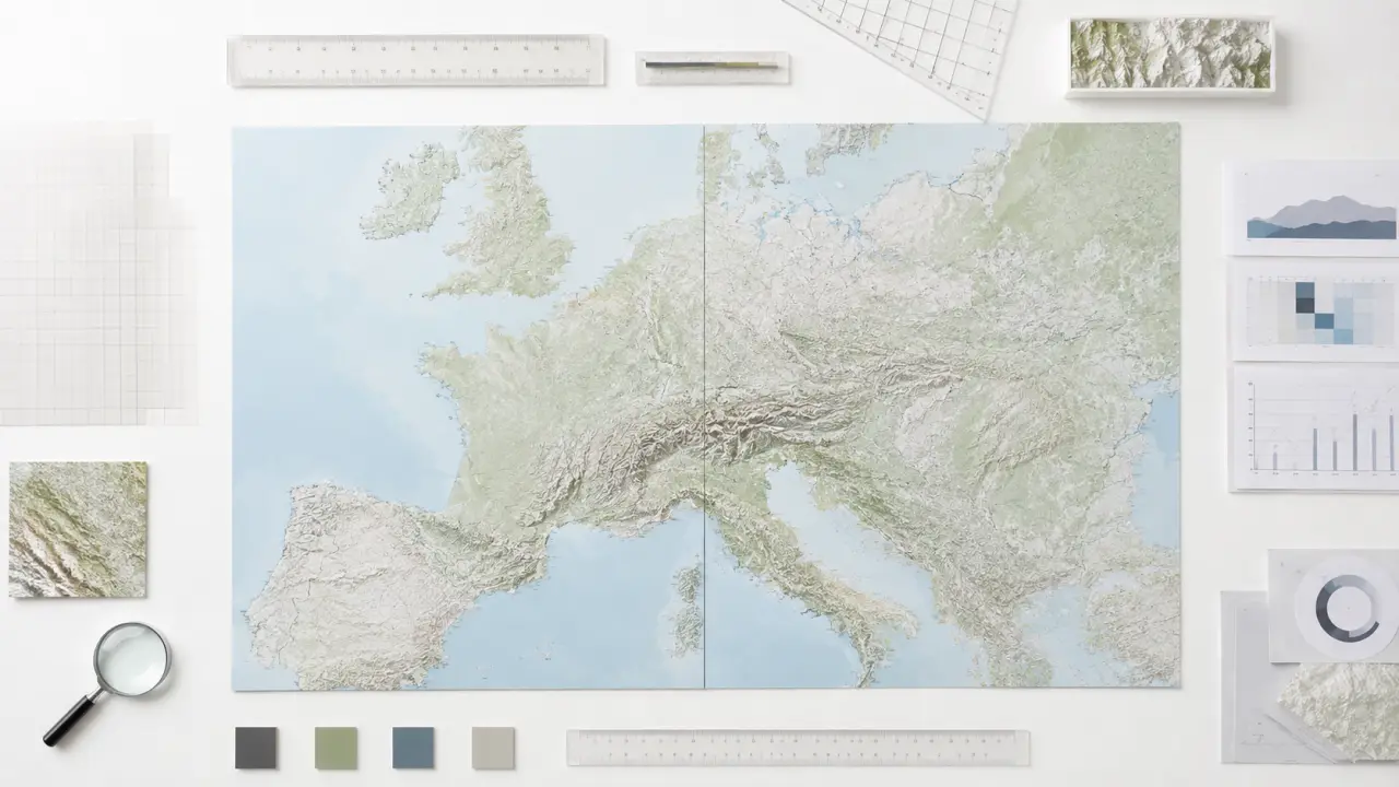 Carte abstraite de deux régions européennes comparées par des lignes topographiques