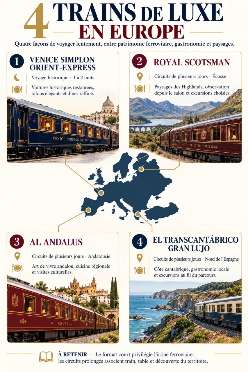 Infographie comparative des principaux trains de luxe en Europe