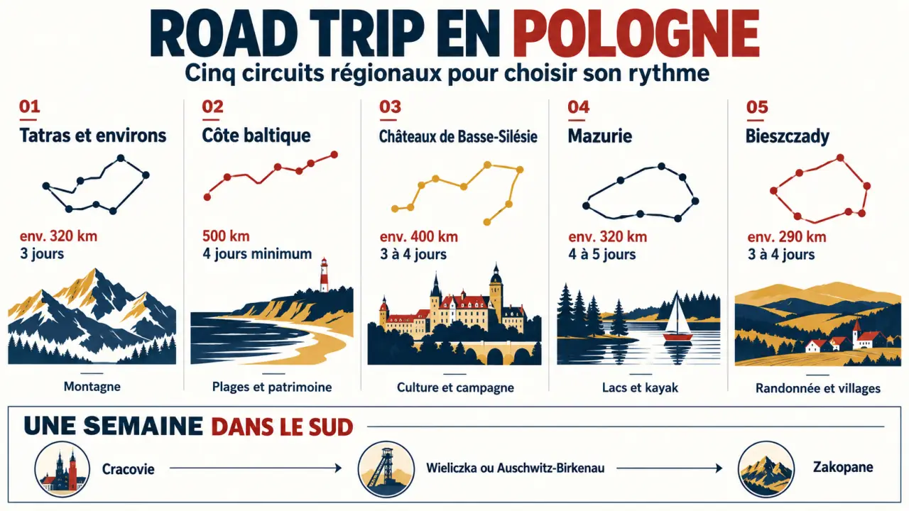 Infographie des itinéraires pour un road trip en Pologne avec distances, durées et régions