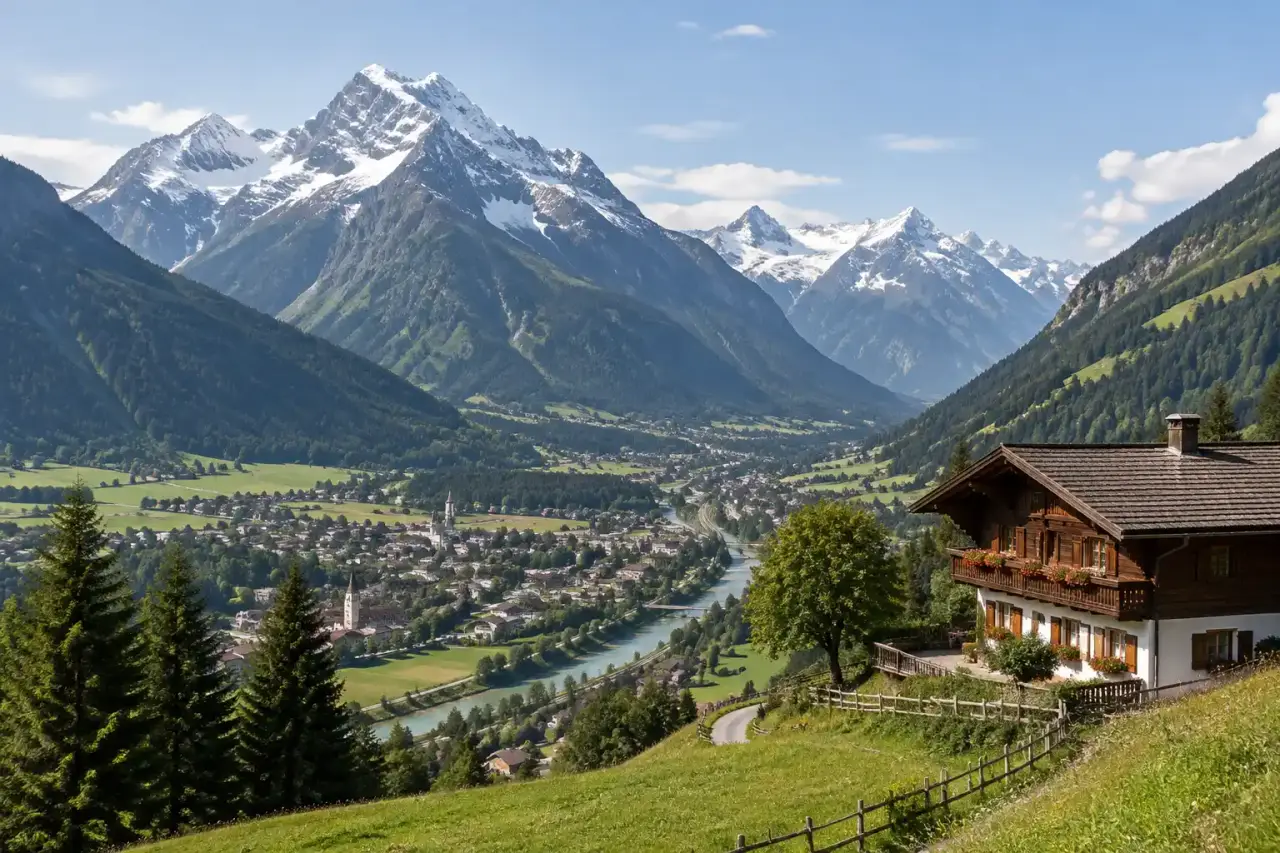 Paysage alpin du Tyrol avec sommets enneigés et vallée habitée