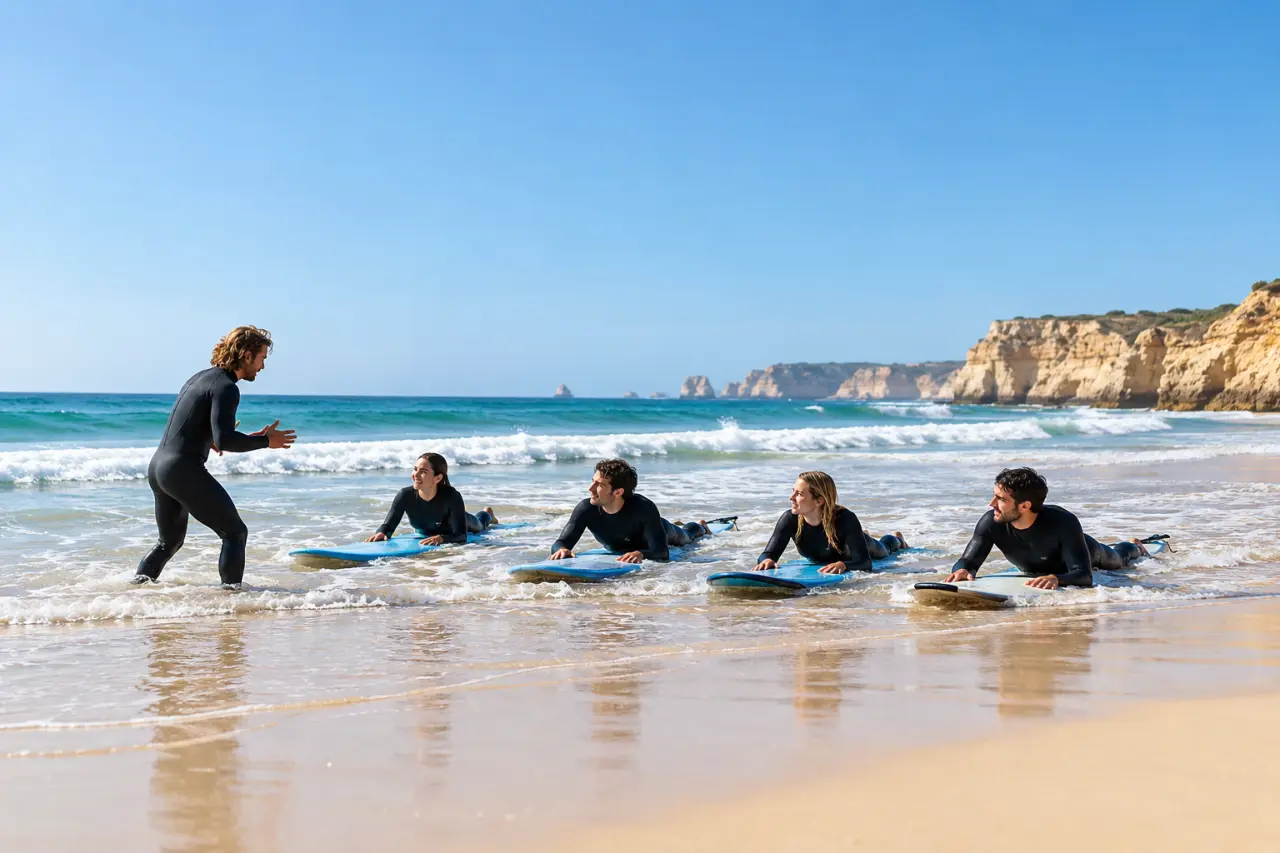 Surf Portugal pour débutants sur une plage de l’Algarve avec moniteur