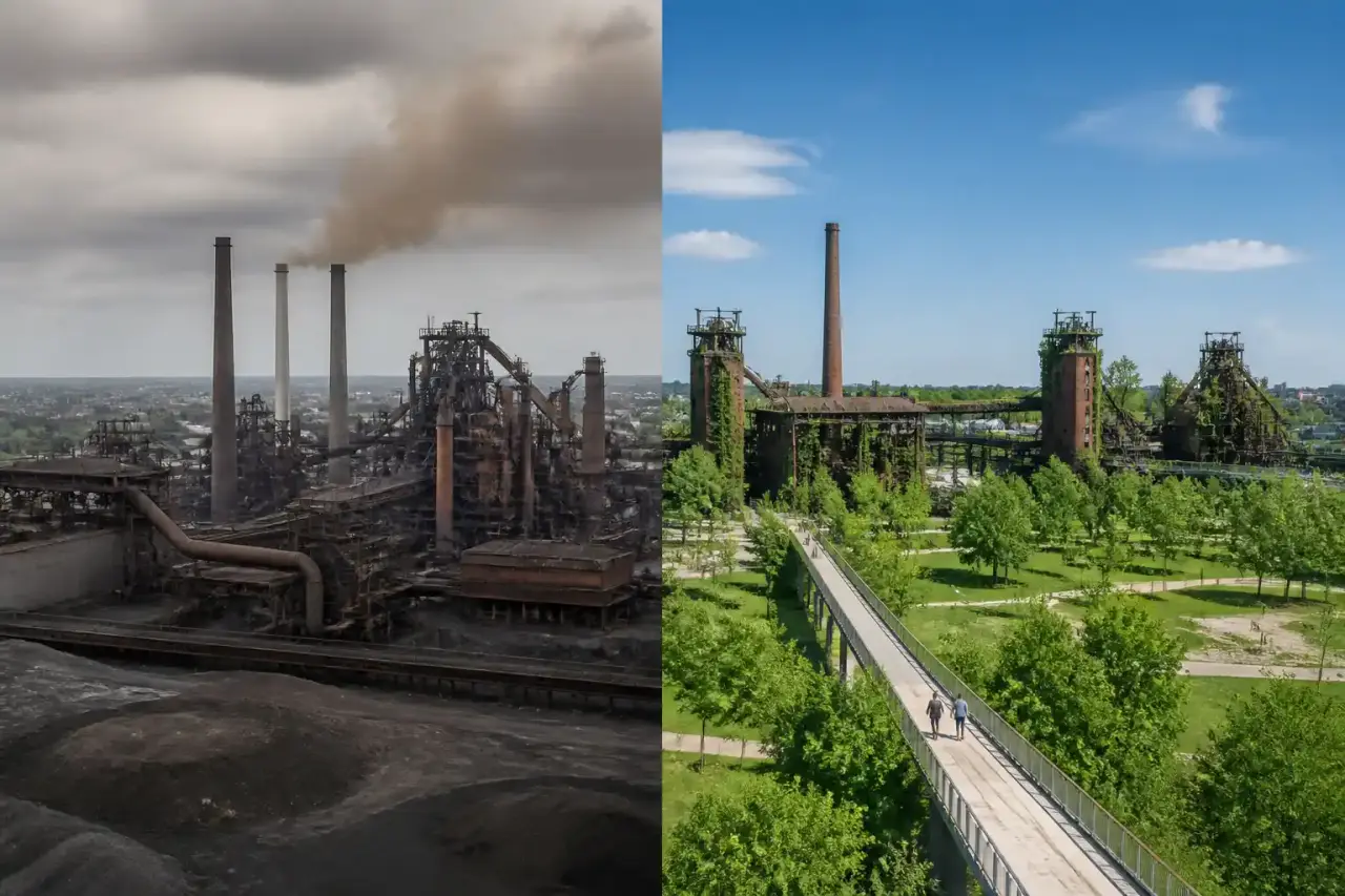 Composition minimaliste en noir et blanc évoquant la transformation de la Ruhr