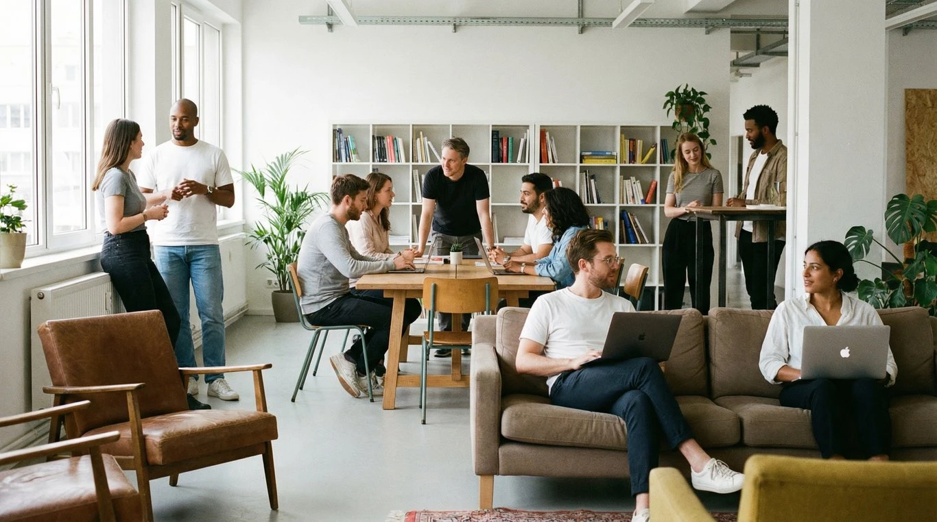 Espace de bureau minimaliste avec mobilier design suisse, ordonné et lumineux